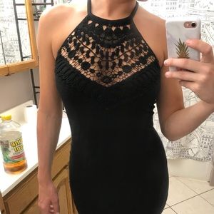 Lace top fitted black dress